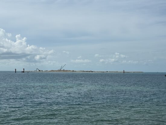 Construction going on at a new man-made island off Ocean Cay