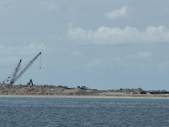 Construction going on at a new man-made island off Ocean Cay