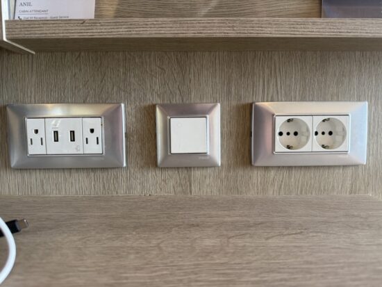 Power and USB outlets in Stateroom 9254 on MSC Seashore