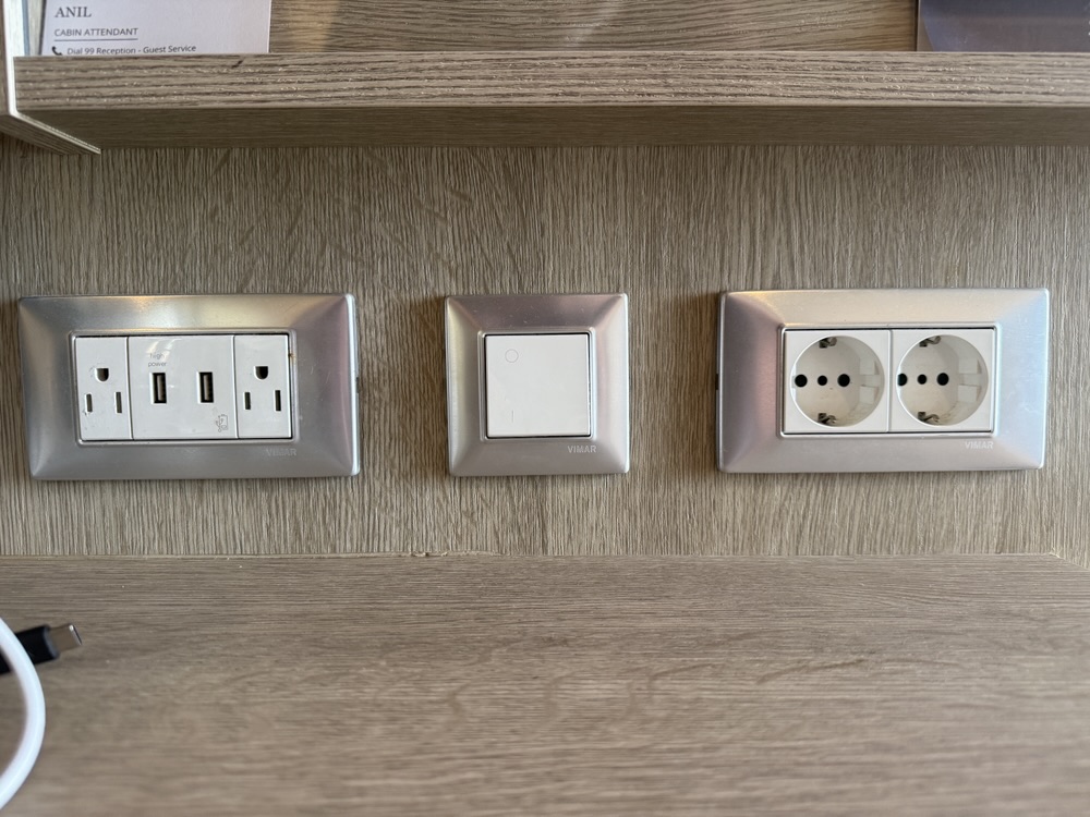 Power and USB outlets in Stateroom 9254 on MSC Seashore
