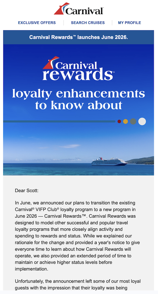 Carnival Rewards Email Screenshot