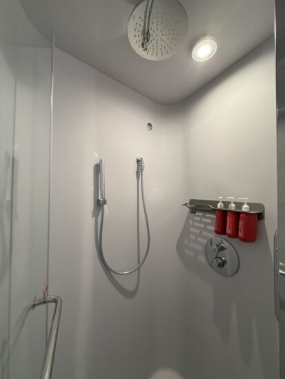 Bathroom in stateroom 14170A on Virgin Voyages Brilliant Lady