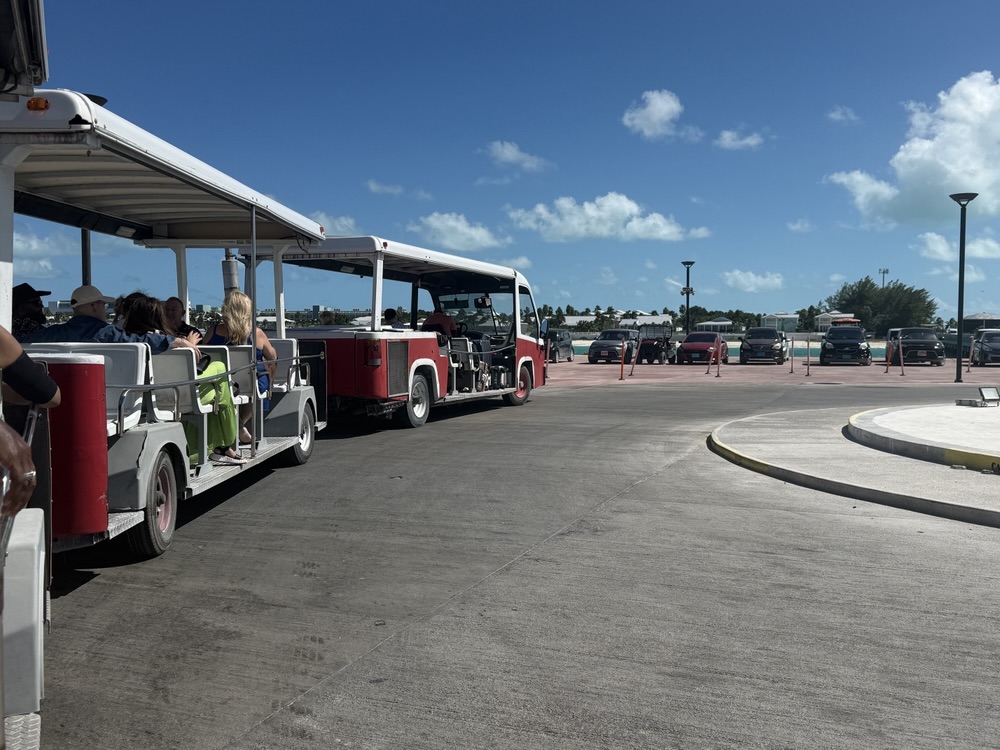 The tram that takes you from the ship to The Beach Club at Bimini
