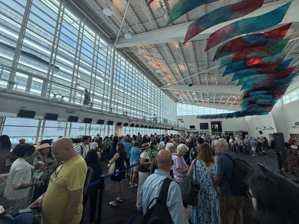 Check-in line at Terminal D for Queen Elizabeth