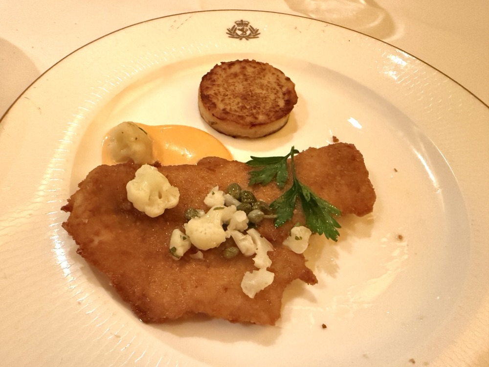 Breaded flounder from the Britannia dining room on Queen Elizabeth