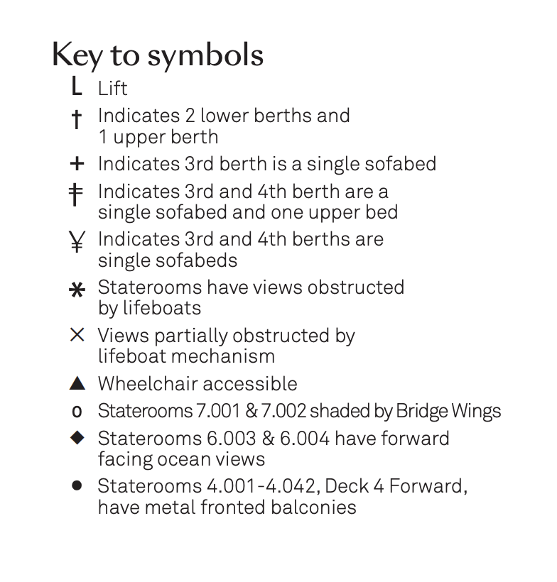 Legend for the deckplan. An accessible room would be indicated by a symbol, 2018 was not.