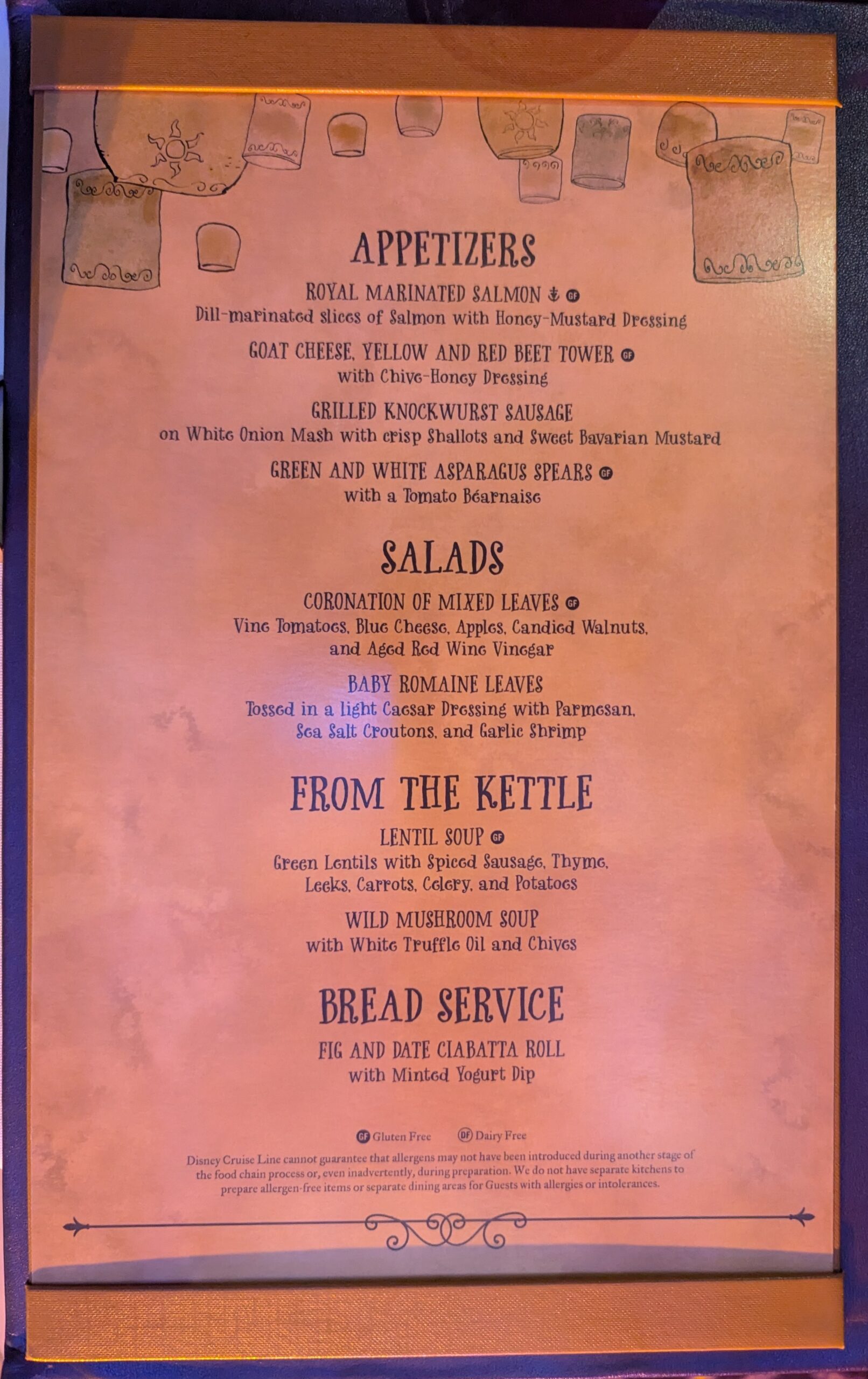 Rapunzel's Royal Table Night 1 Menu on the Disney Magic