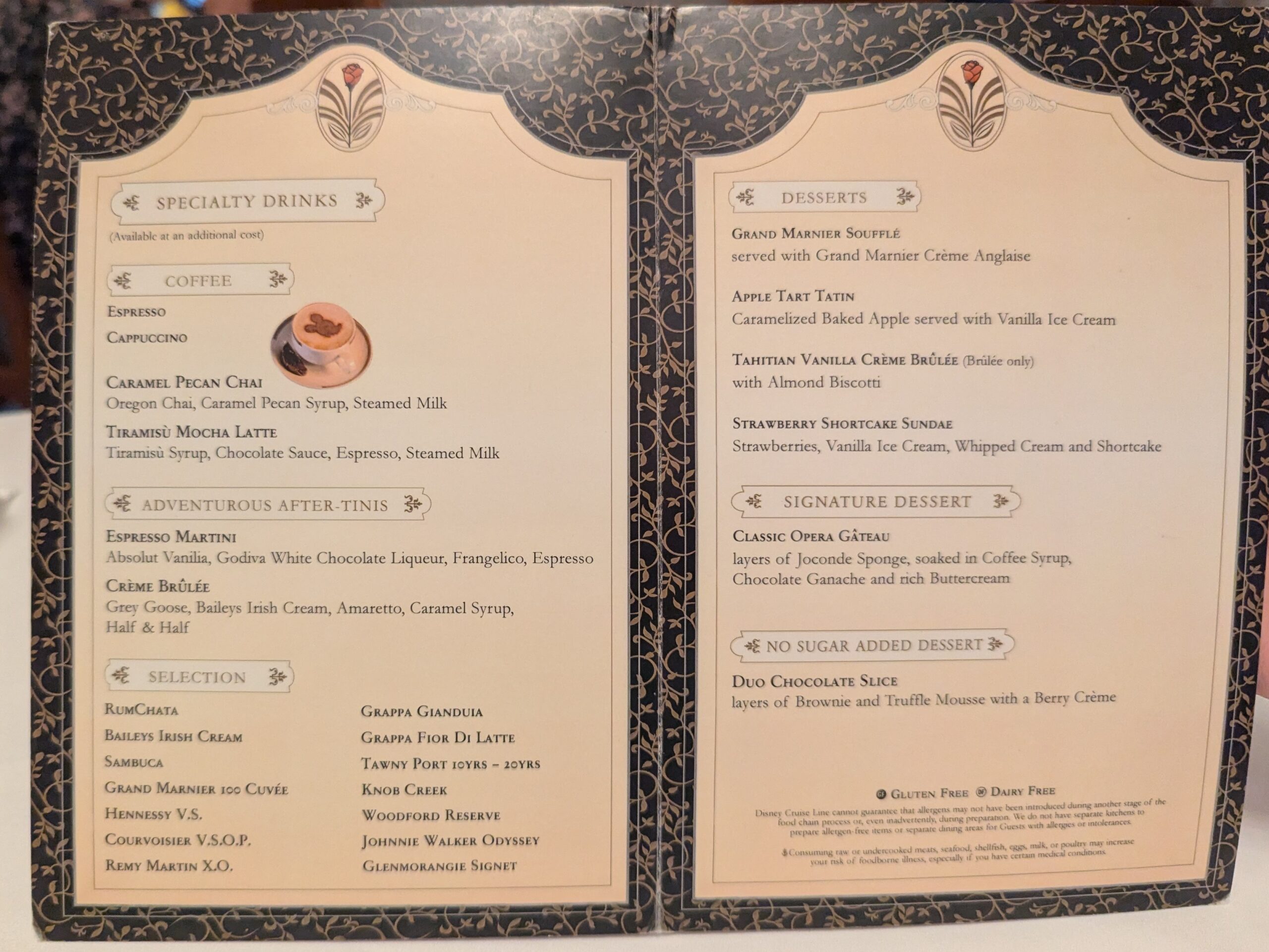 Lumiere's night 1 dessert menu on the Disney Magic