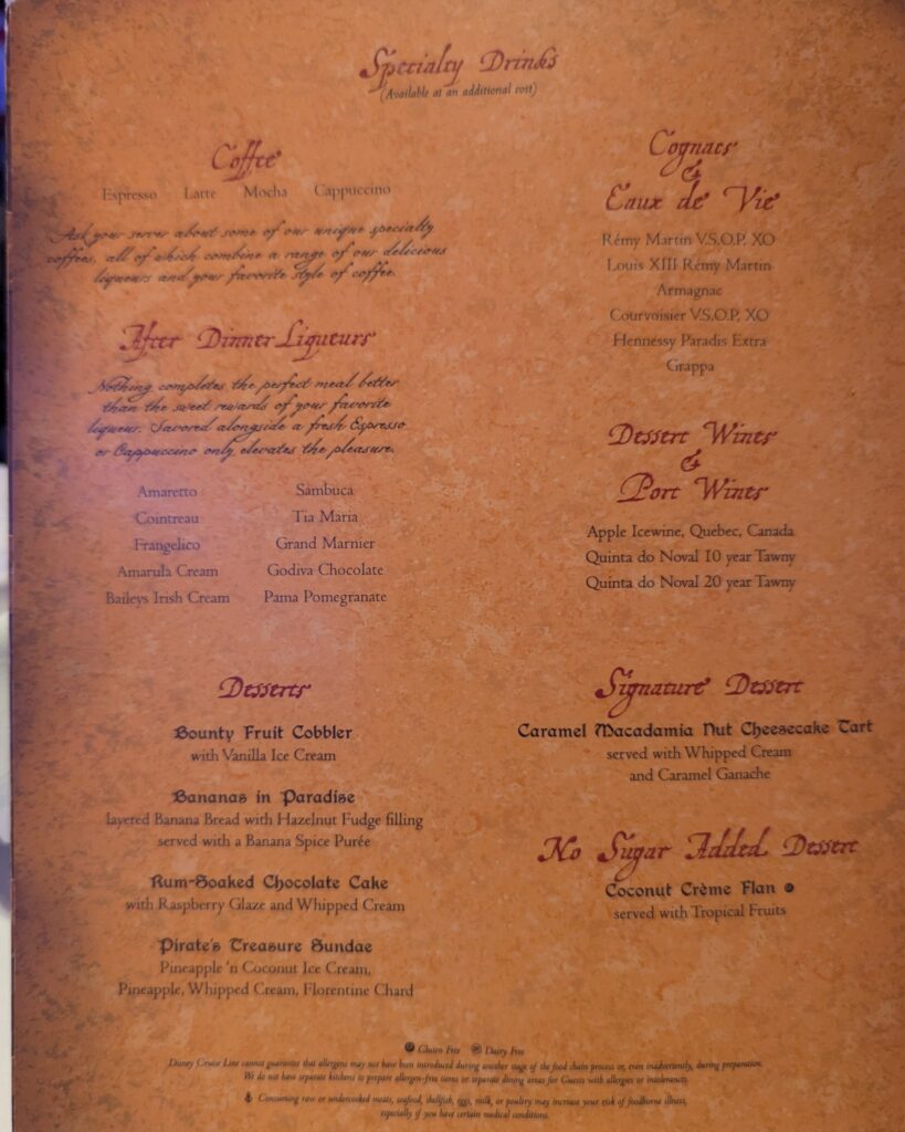 Pirate Night Menu on the Disney Magic
