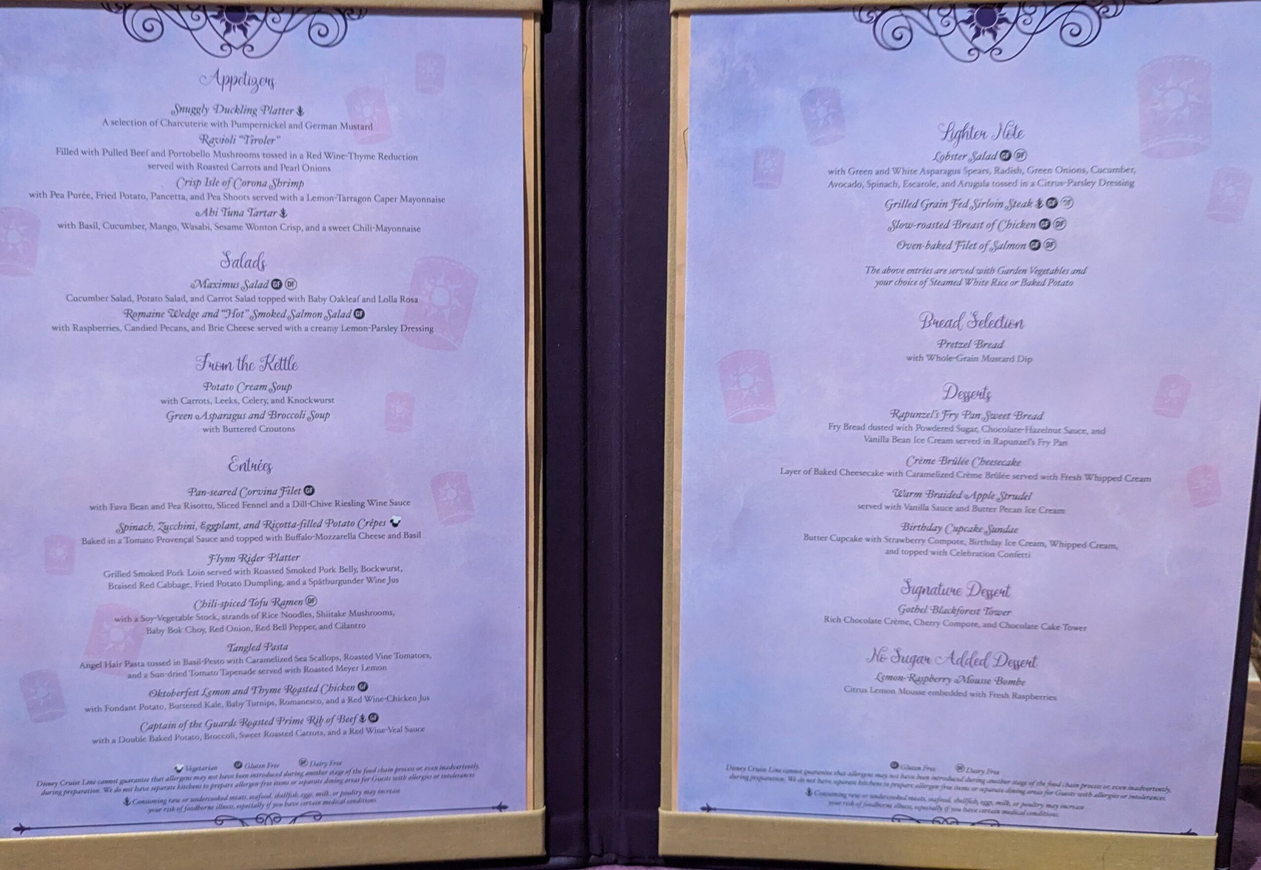 Rapunzel's Royal Table night 2 menu on the Disney Magic