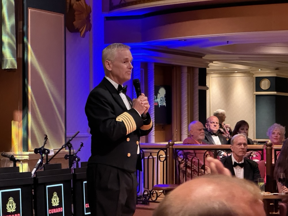 Captain Stephen Howarth, master of the Queen Elizabeth giving remarks during the World Club Reception