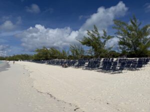 Piles and piles of the old beach chairs from Half Moon Cay