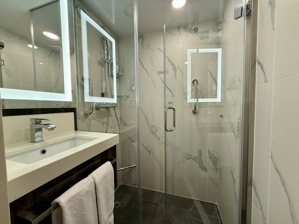 Bathroom with shower and sink in Family Oceanview Stateroom 1028 on Rotterdam