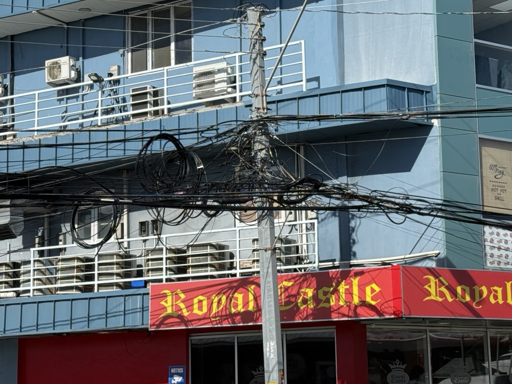 A mess at the top of a utility pole in Scarborough, St. Lucia