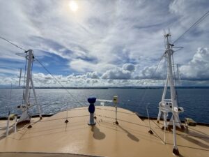 On the bow of the Rotterdam as we enter San Juan Bay