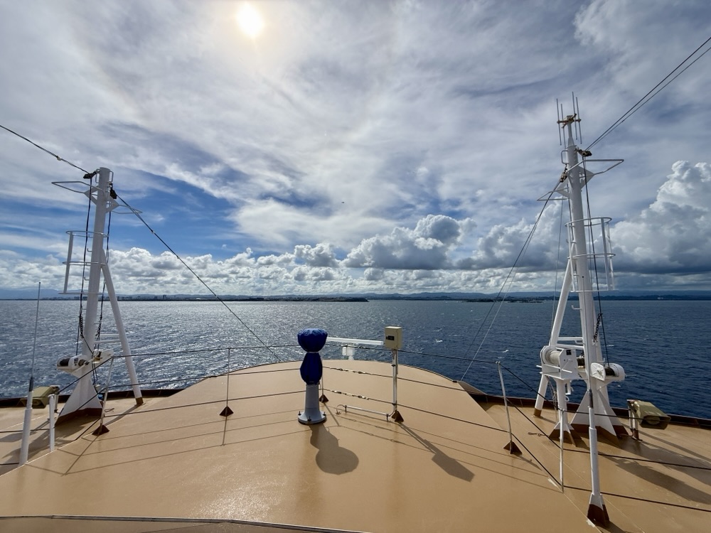 On the bow of the Rotterdam as we enter San Juan Bay