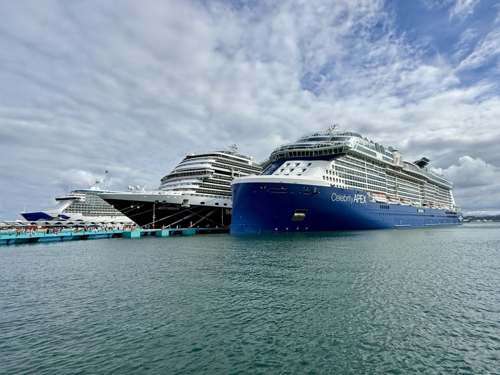 R to Left: Celebrity Apex, Rotterdam, Majestic Princess in San Juan on November 25, 2025