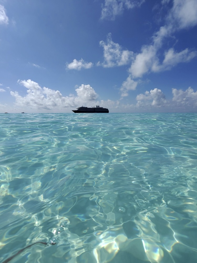 A view of the Zuiderdam from the water at Ocean Cay