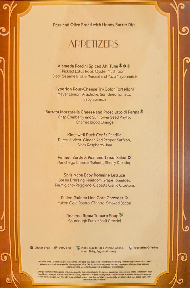 Dinner Menu from 1923 on the Disney Treasure