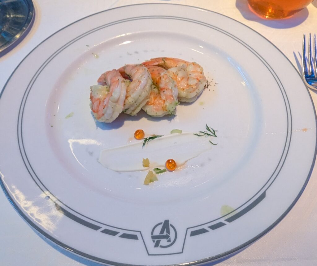 Dill and Meyer Lemon marinated shrimp from the World of Marvel on the Disney Treasure