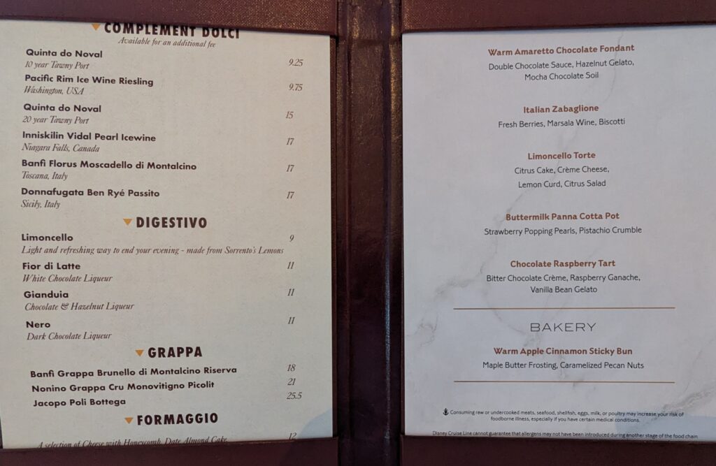 Palo Desert Menu on the Disney Fantasy
