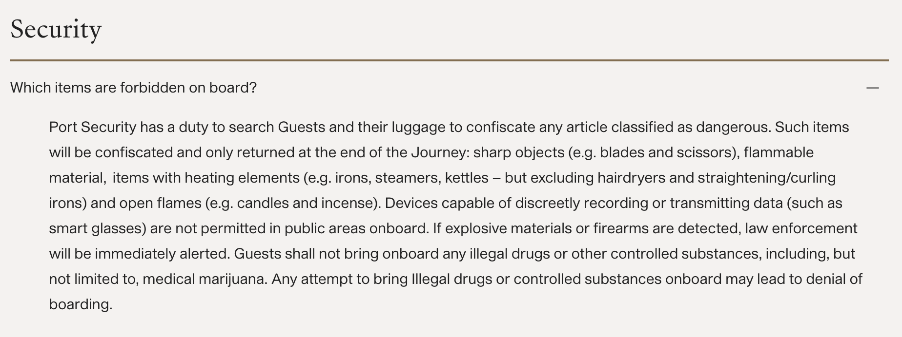 Screenshot of Explora Journeys smart glasses policy