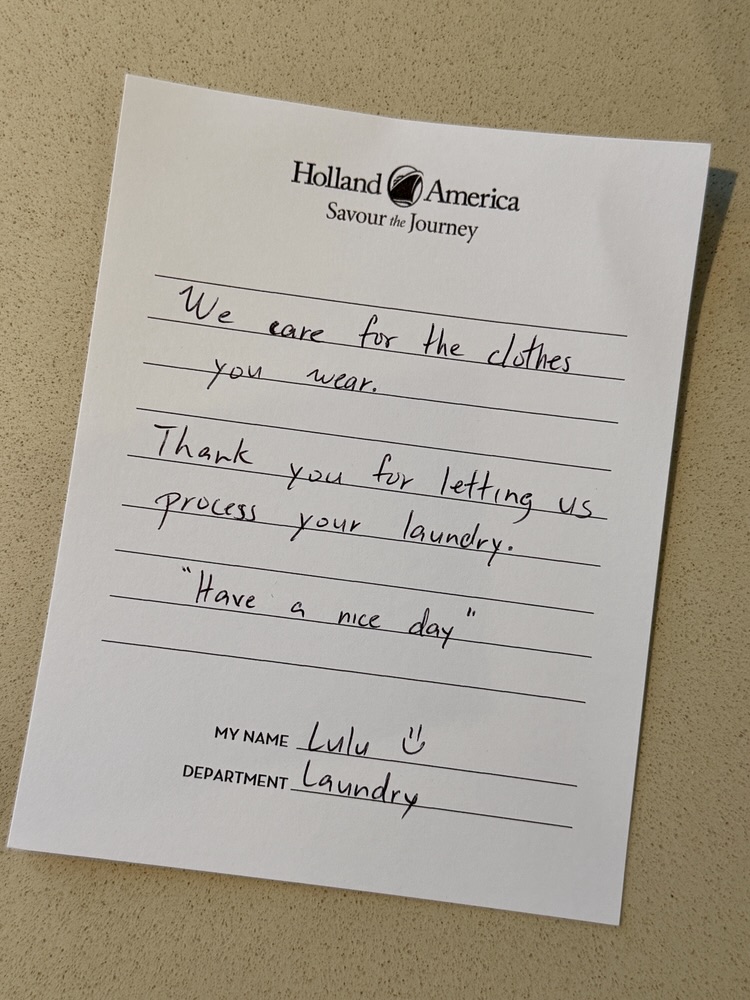 A thoughtful note from Lulu - a crew member in the laundry on Rotterdam