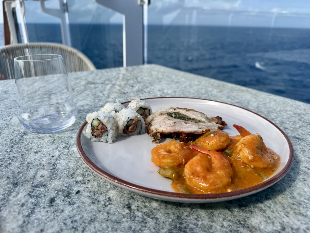 Sushi, stuffed pork and shrimp gumbo from the Emporium Marketplace on Explora I