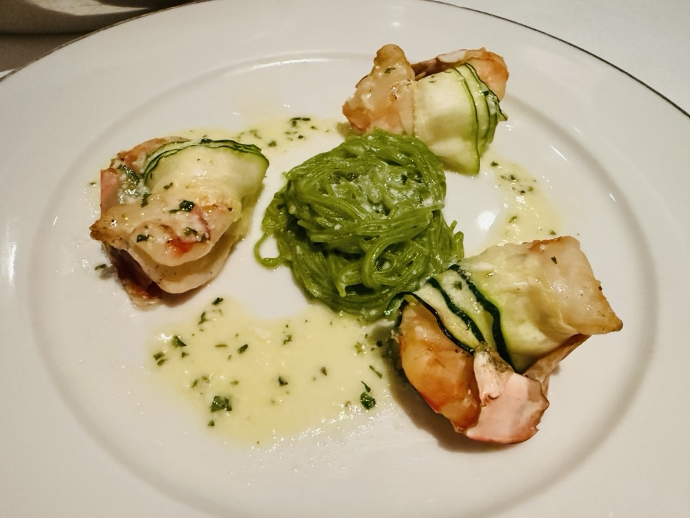 Shrimp and pasta from Sole meunière from Fil Rouge on Explora Journeys