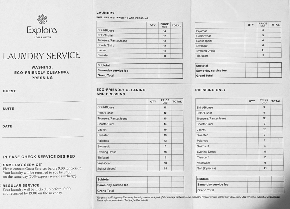 Explora Journeys laundry pricing as of December 2025