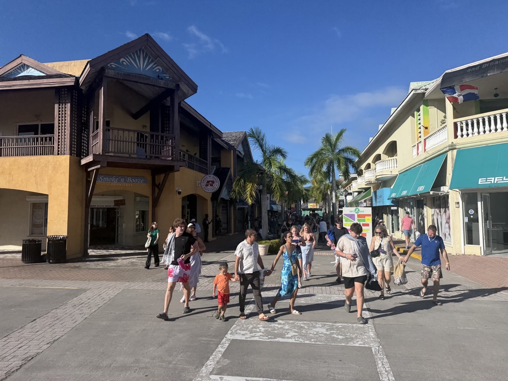 People meandering around Port Zante in St. Kitts