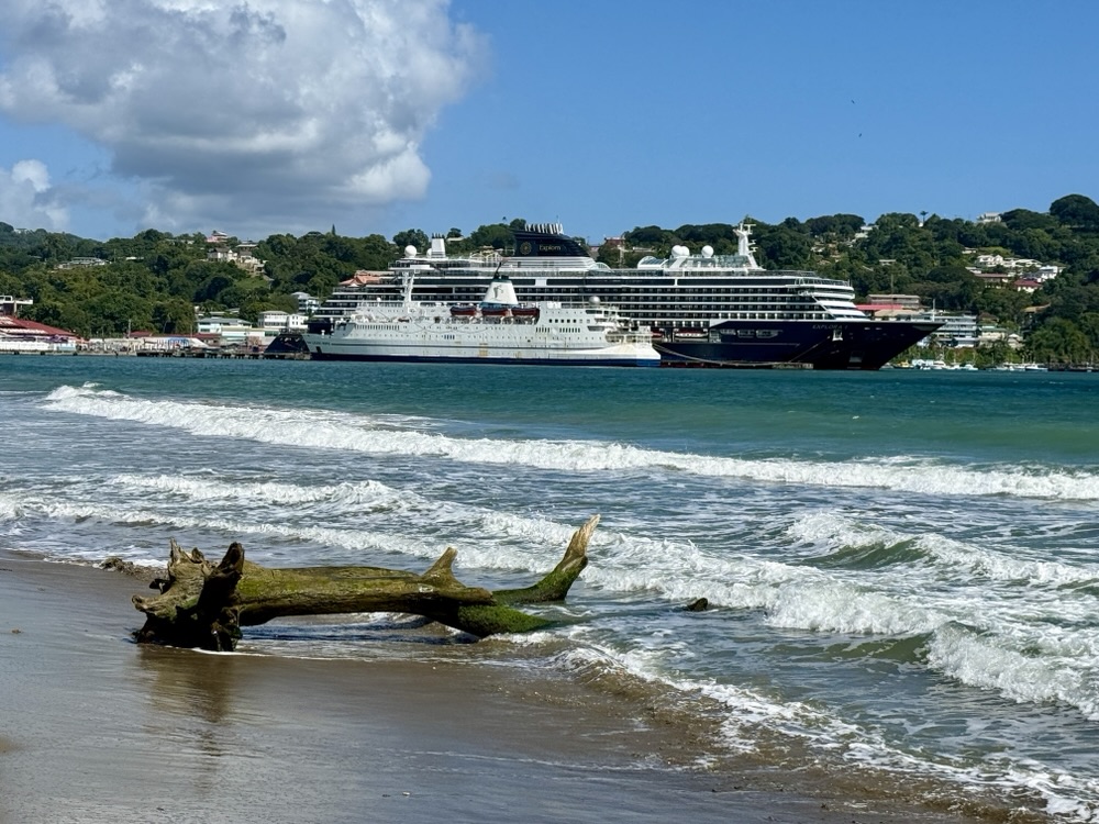 Explora I and Logos Hope docked in Scarborough, Tobago on December 22, 2025