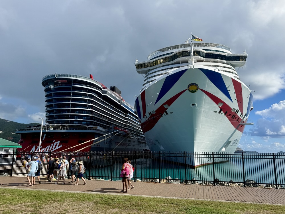 Virgin Voyages Valiant Lady and P&O Arvia docked in Tortola on December 26, 2025