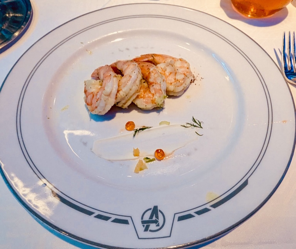 Dill and Meyer Lemon marinated shrimp from the World of Marvel on the Disney Treasure