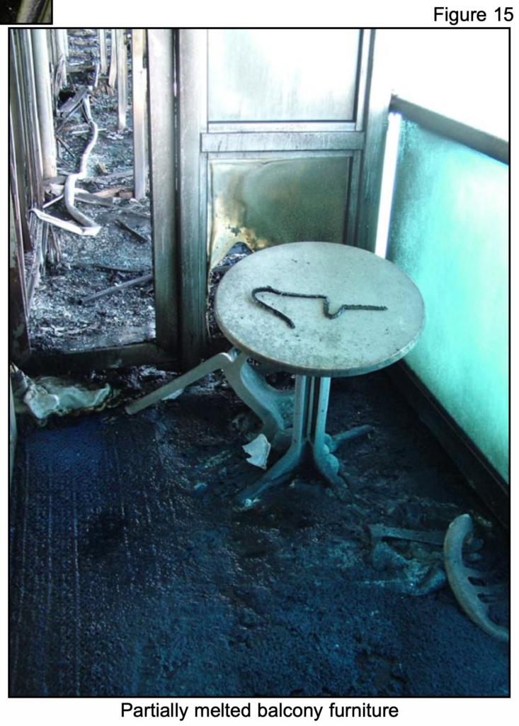 Photo taken from the MAB report on the Star Princess Fire showing partially melted plastic furniture on a balcony