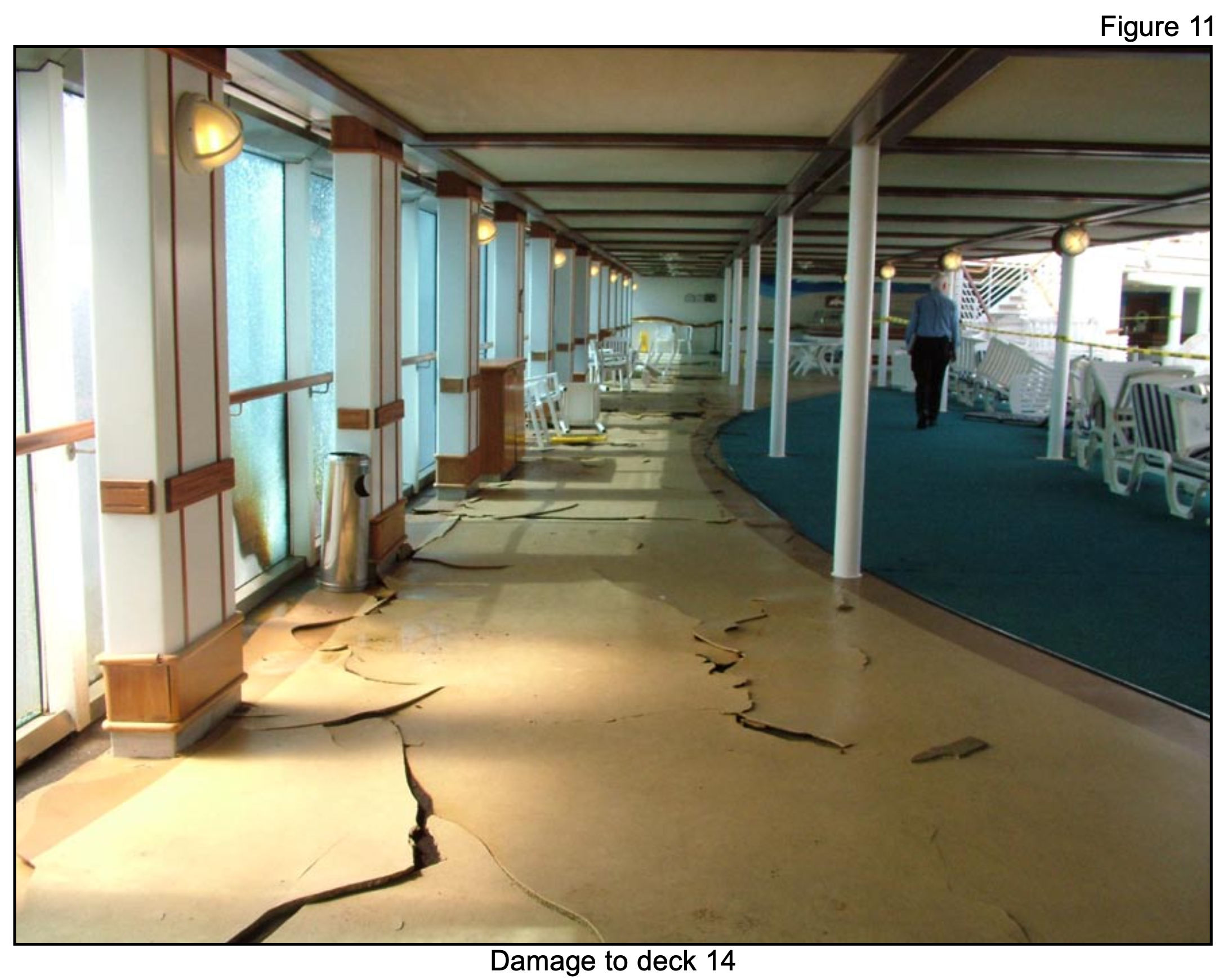 Photo taken from the MAB report on the Star Princess Fire showing damage to flooring on deck 14 due to the intense heat of the fire below
