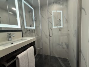 Bathroom 1 - sink and shower in Family Ocean View Stateroom 1028 on Rotterdam