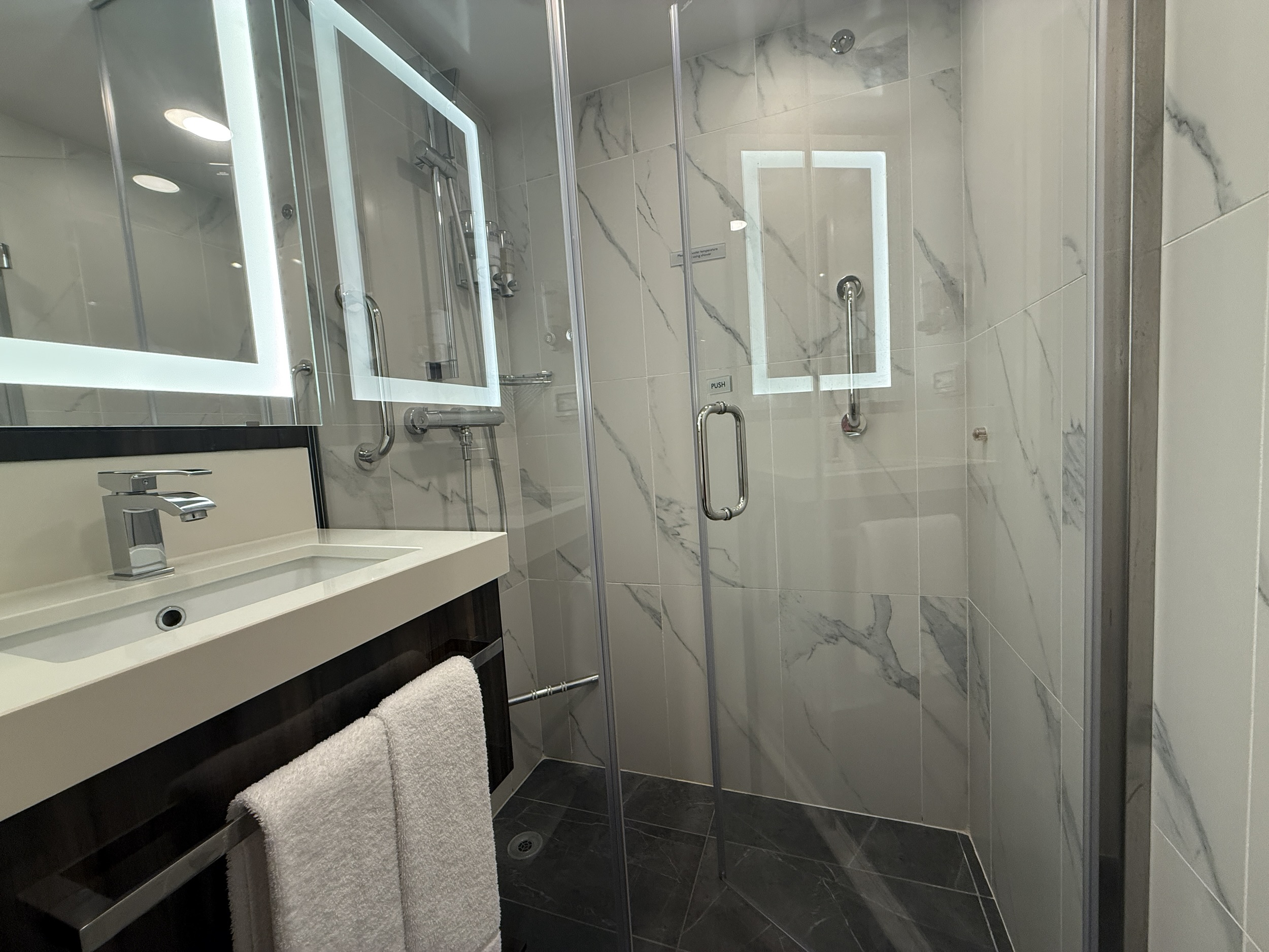 Bathroom 1 - sink and shower in Family Ocean View Stateroom 1028 on Rotterdam