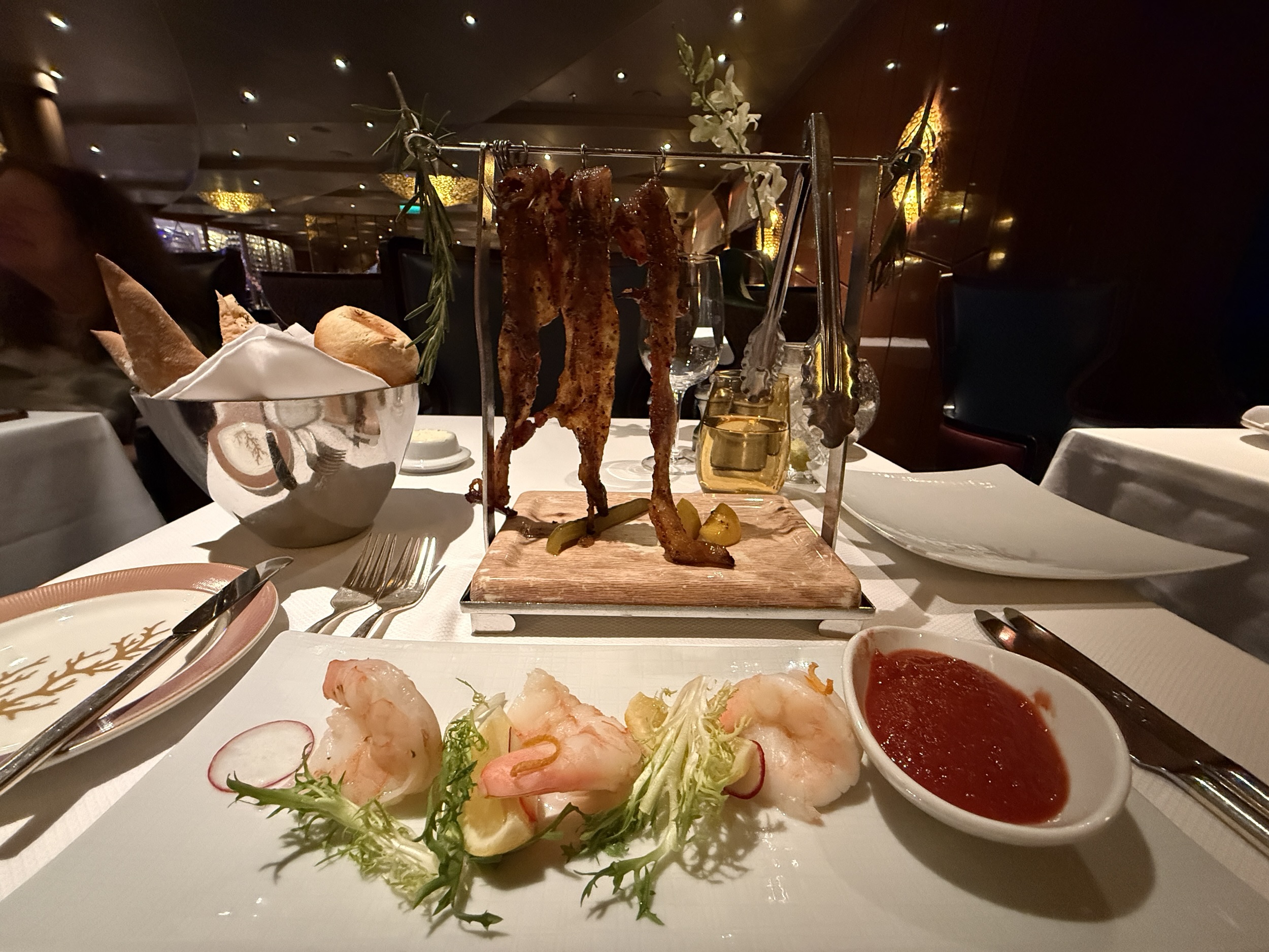 Clothesline Candied Bacon and Shrimp Cocktail from Pinnacle Grill on Holland America