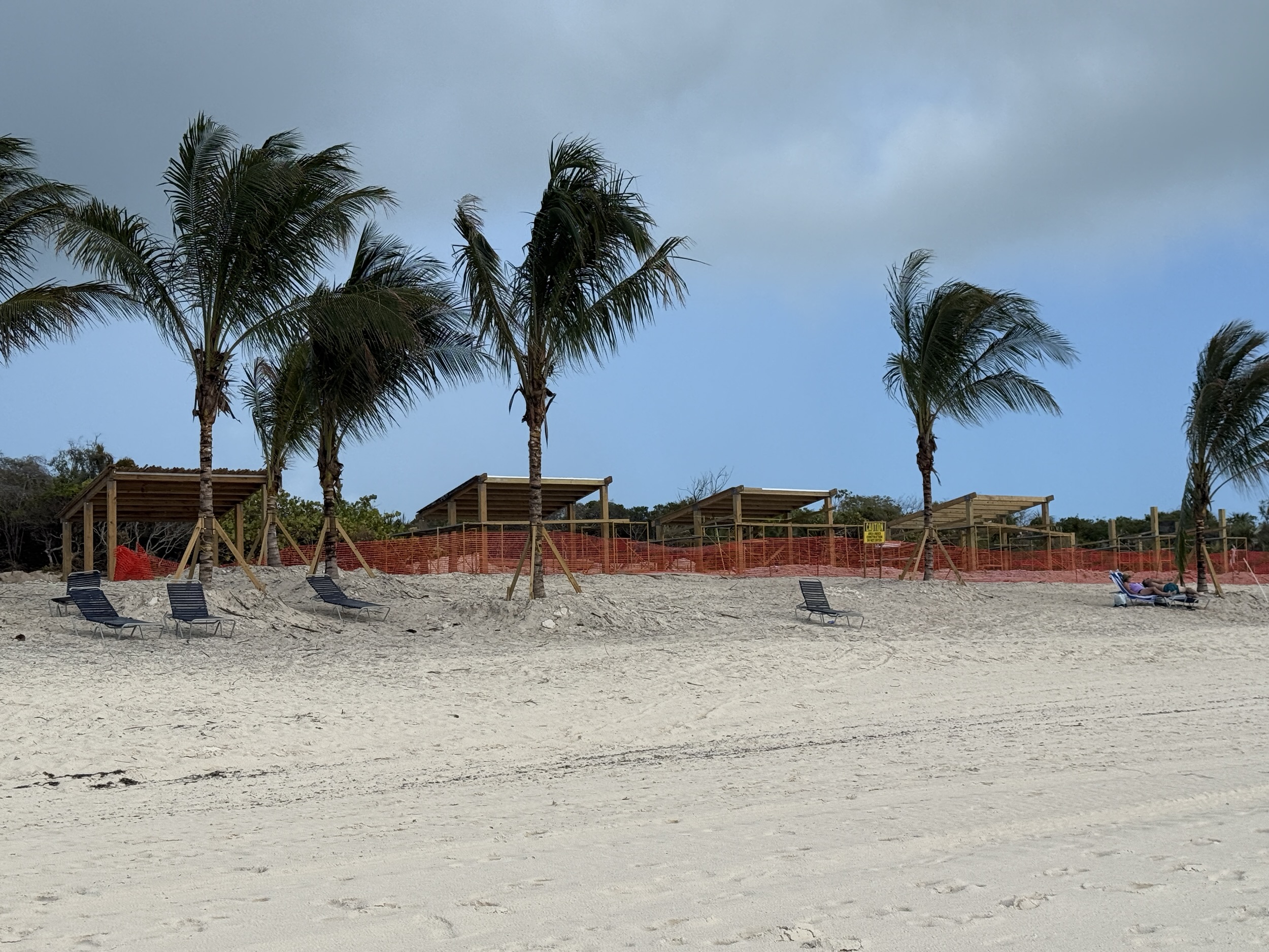 Construction on structures that may be cabanas on the beach at Half Mon Cay - March 2, 2026