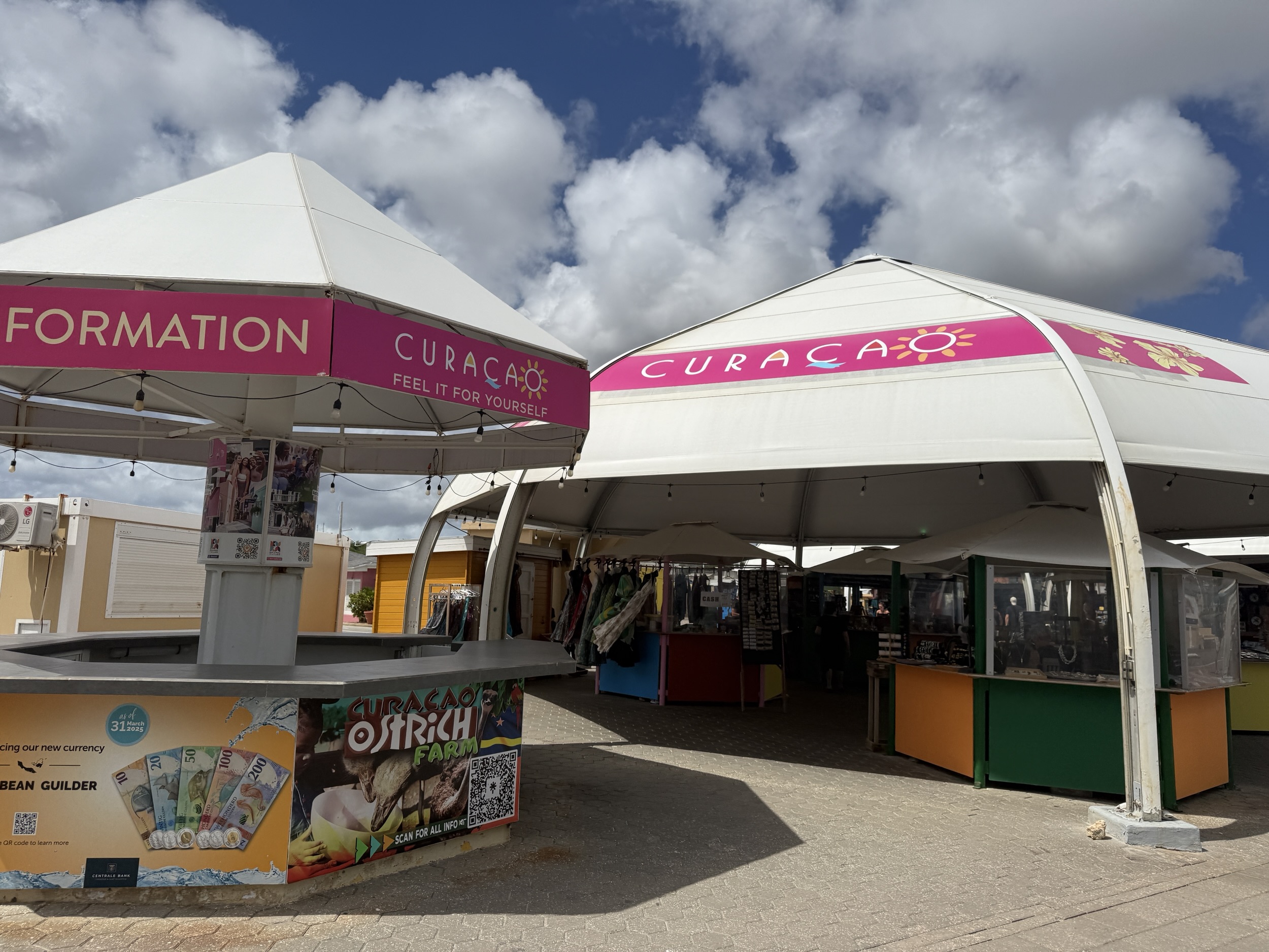 Shops like this line the sidewalk at the Curacao cruise port