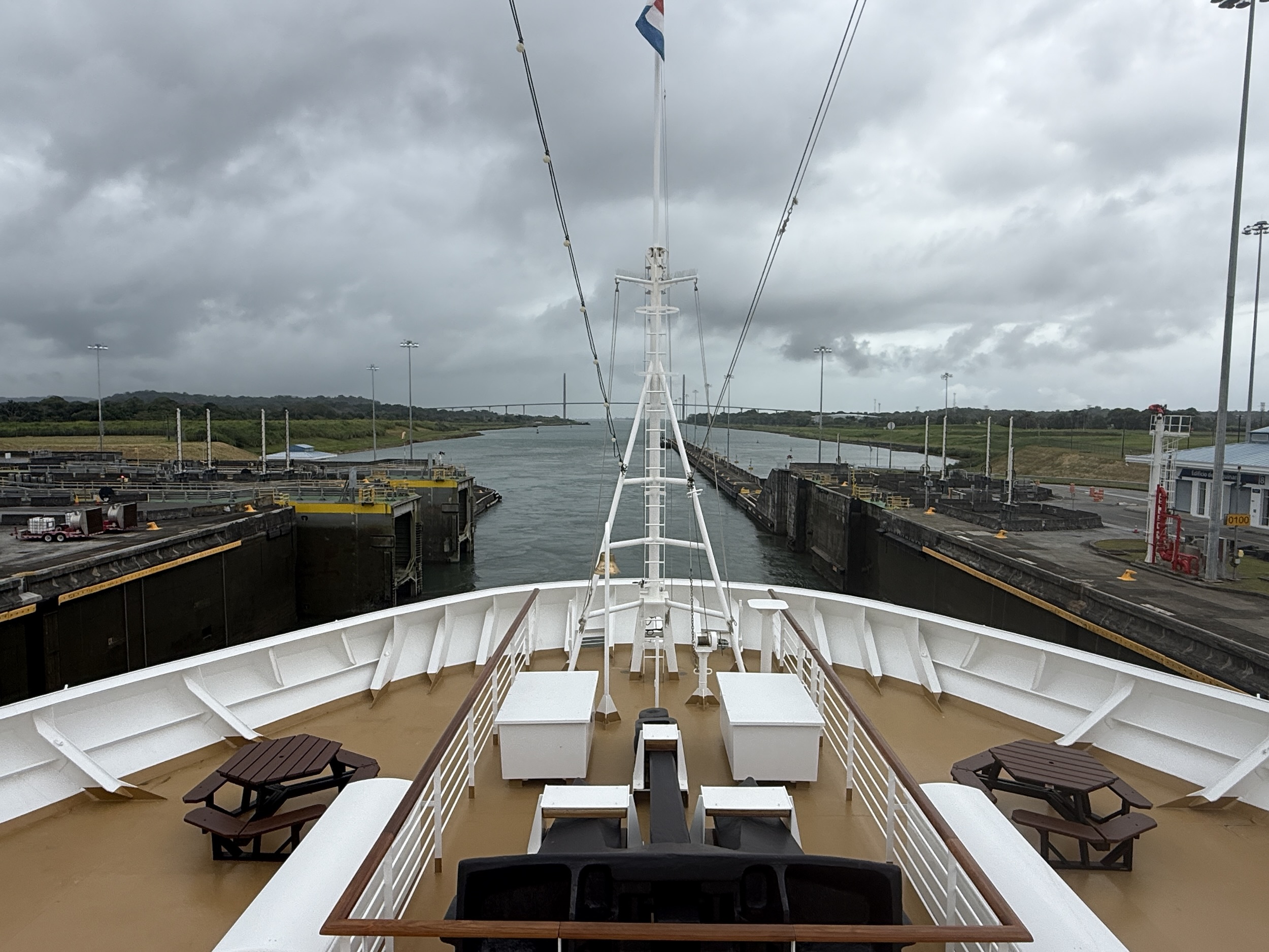 Rotterdam exiting the Panama Canal and heading back to the Atlantic with the Atlantic Bridge straight ahead