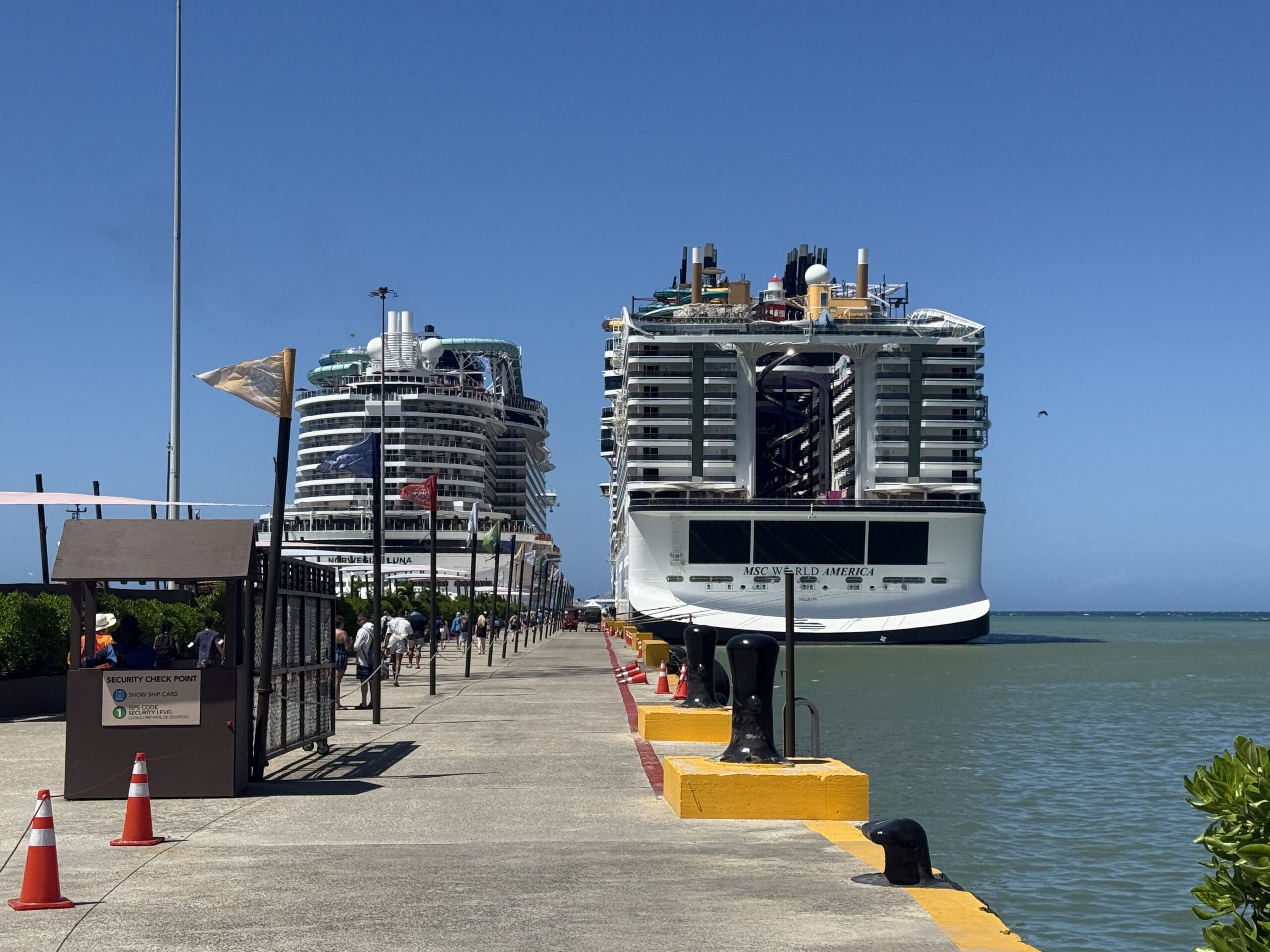 Norwegian Luna (L) and MSC World America (R) docked at Puerto Plata on April 20, 2026