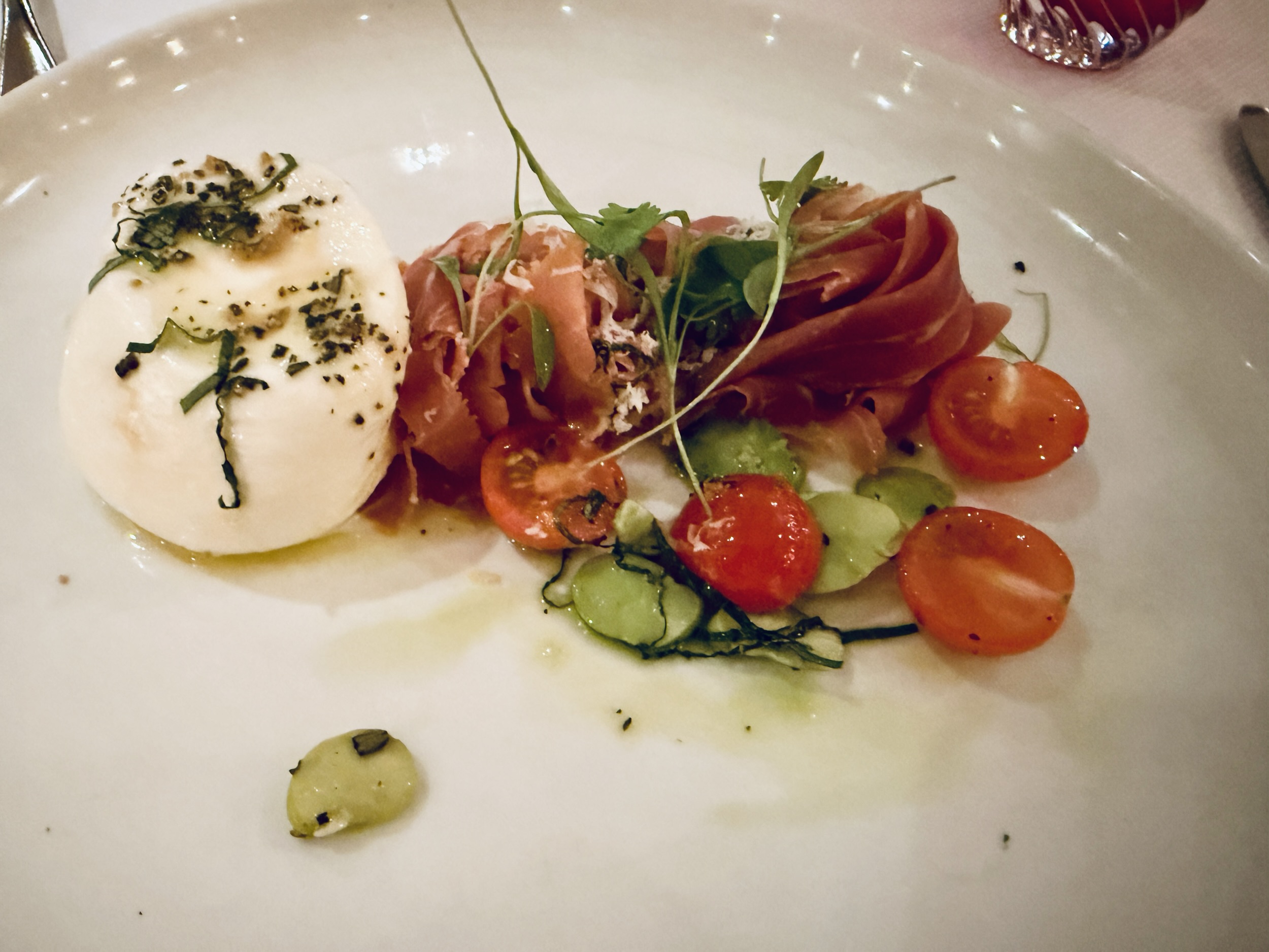 Burrata and prosciutto from Rudi's Sel de Mer on Koningsdam