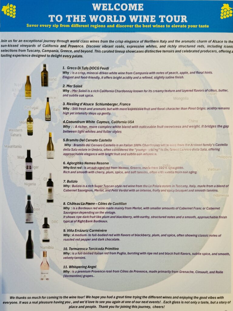 Wines offered for the wine tasting on MSC World America
