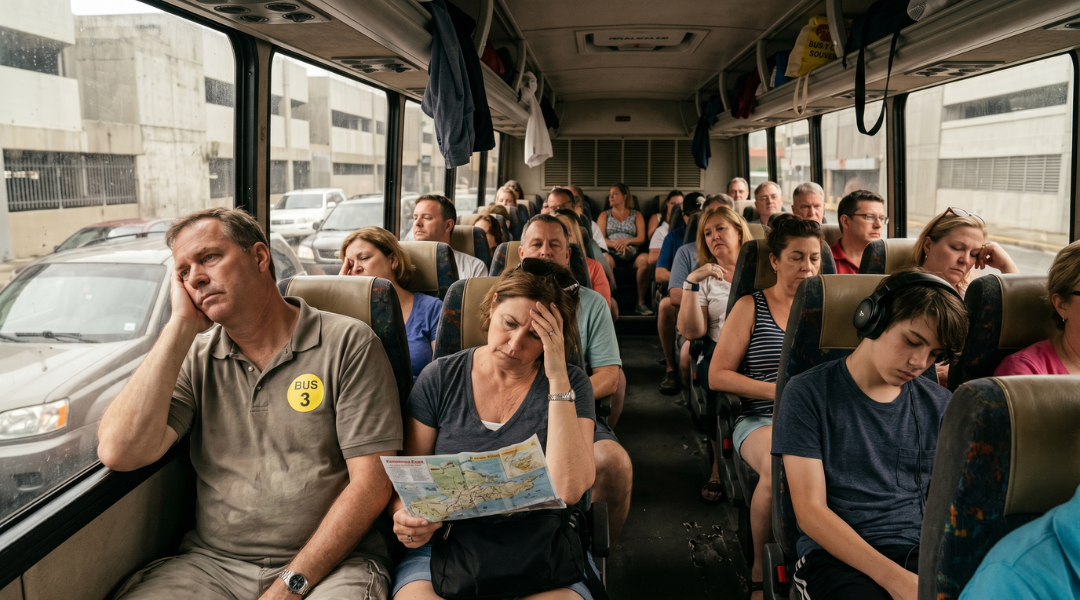 people on a crowded tour bus looking miserable