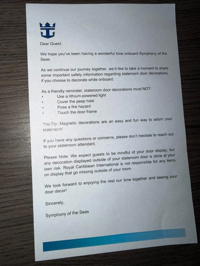 Letter distributed on Symphony of the Seas.  Credit: Facebook
