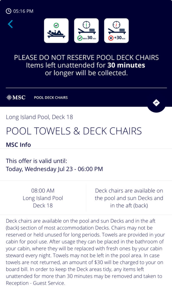 MSC In-app notice about saving pool chairs
