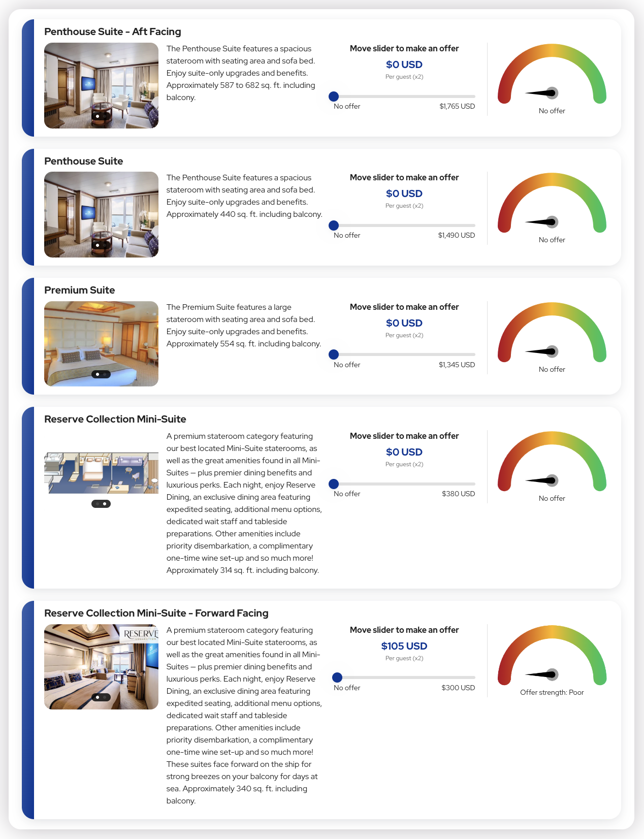 The different upgrade options I had for my sailing on Regal Princess